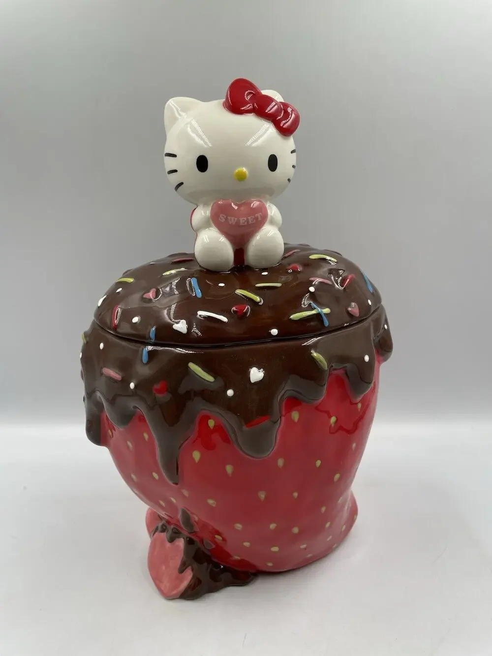 Hello Kitty Cookie Jar Blue Sky Ceramic Chocolate Strawberry With Lid NEW